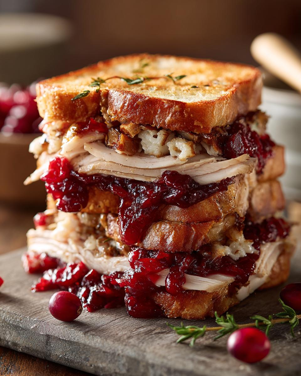 A tall, stacked leftover turkey sandwich with thick slices of turkey, stuffing, and cranberry sauce on toasted bread.