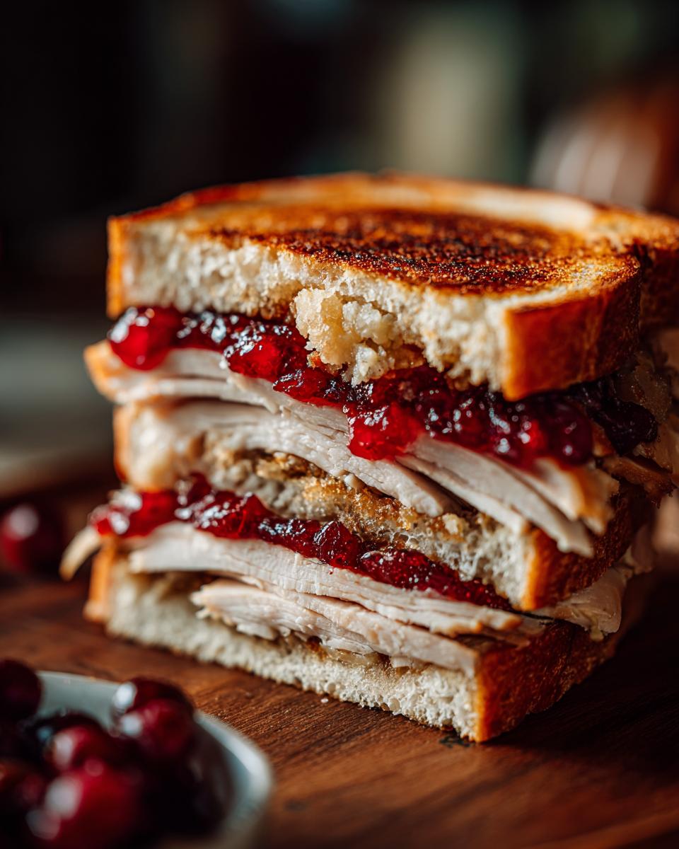A tall leftover turkey sandwich stacked with sliced turkey and cranberry sauce on toasted bread.