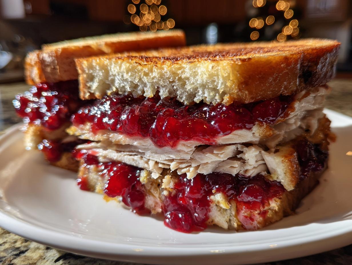 A close-up of a hearty leftover turkey sandwich piled high with sliced turkey and cranberry sauce on toasted bread.
