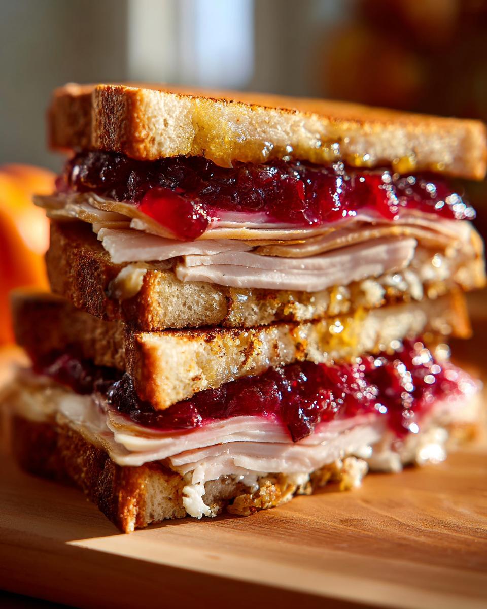 A tall stack of a leftover turkey sandwich with cranberry sauce and cheese on toasted bread.