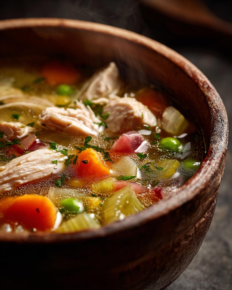 Close-up of a steaming bowl of hearty leftover turkey soup, filled with tender turkey pieces, carrots, peas, and celery.