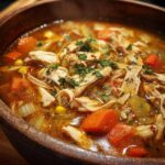 A steaming bowl of hearty leftover turkey soup with shredded turkey, carrots, celery, and corn.