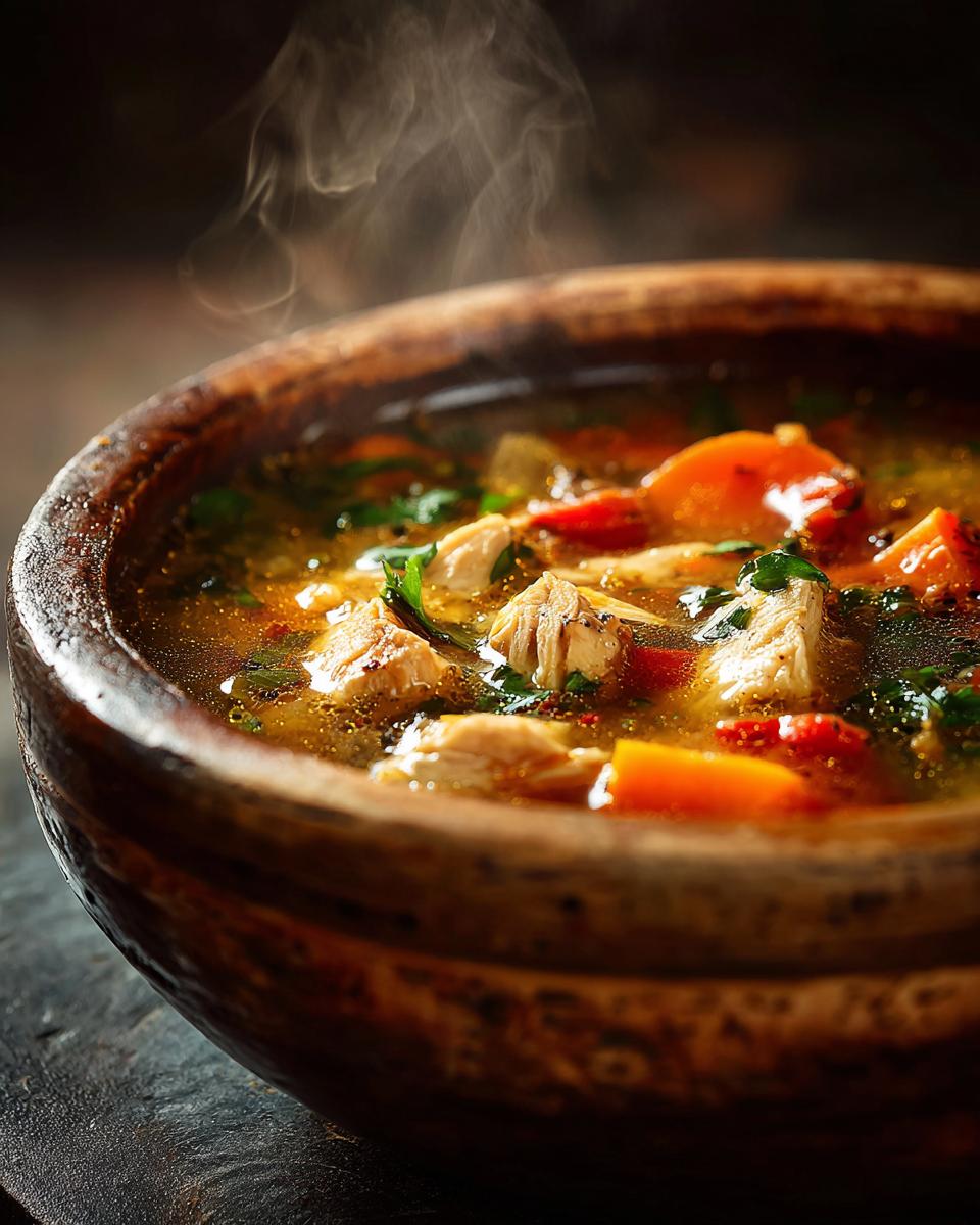 A steaming bowl of hearty leftover turkey soup with chunks of turkey, carrots, and herbs.