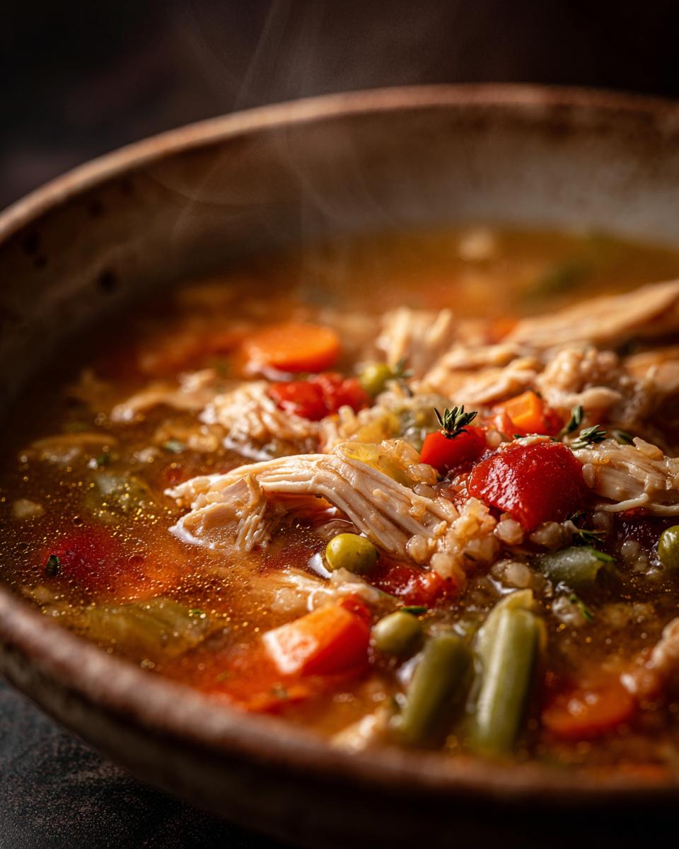 Close-up of a steaming bowl of hearty leftover turkey soup with shredded turkey, carrots, peas, and tomatoes.