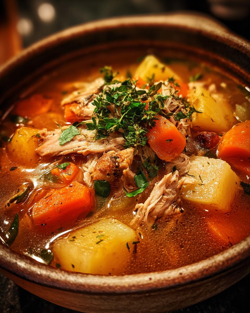 A close-up of a rustic bowl filled with hearty leftover turkey soup, featuring tender turkey, potatoes, and carrots, garnished with fresh herbs.