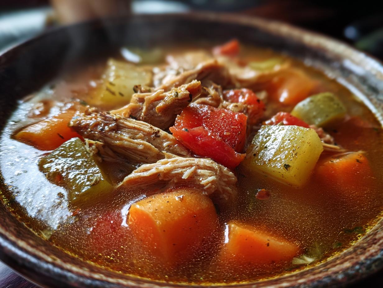 A steaming bowl of hearty leftover turkey soup, filled with shredded turkey, potatoes, carrots, and tomatoes.