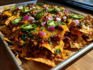 Close-up of a tray of Loaded Nachos topped with melted cheese, seasoned ground beef, jalapeños, and red onions.