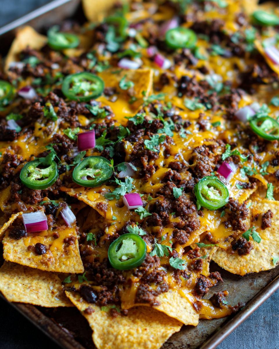 A close-up of a baking sheet filled with loaded nachos, topped with melted cheese, seasoned ground beef, jalapeños, red onion, and cilantro.