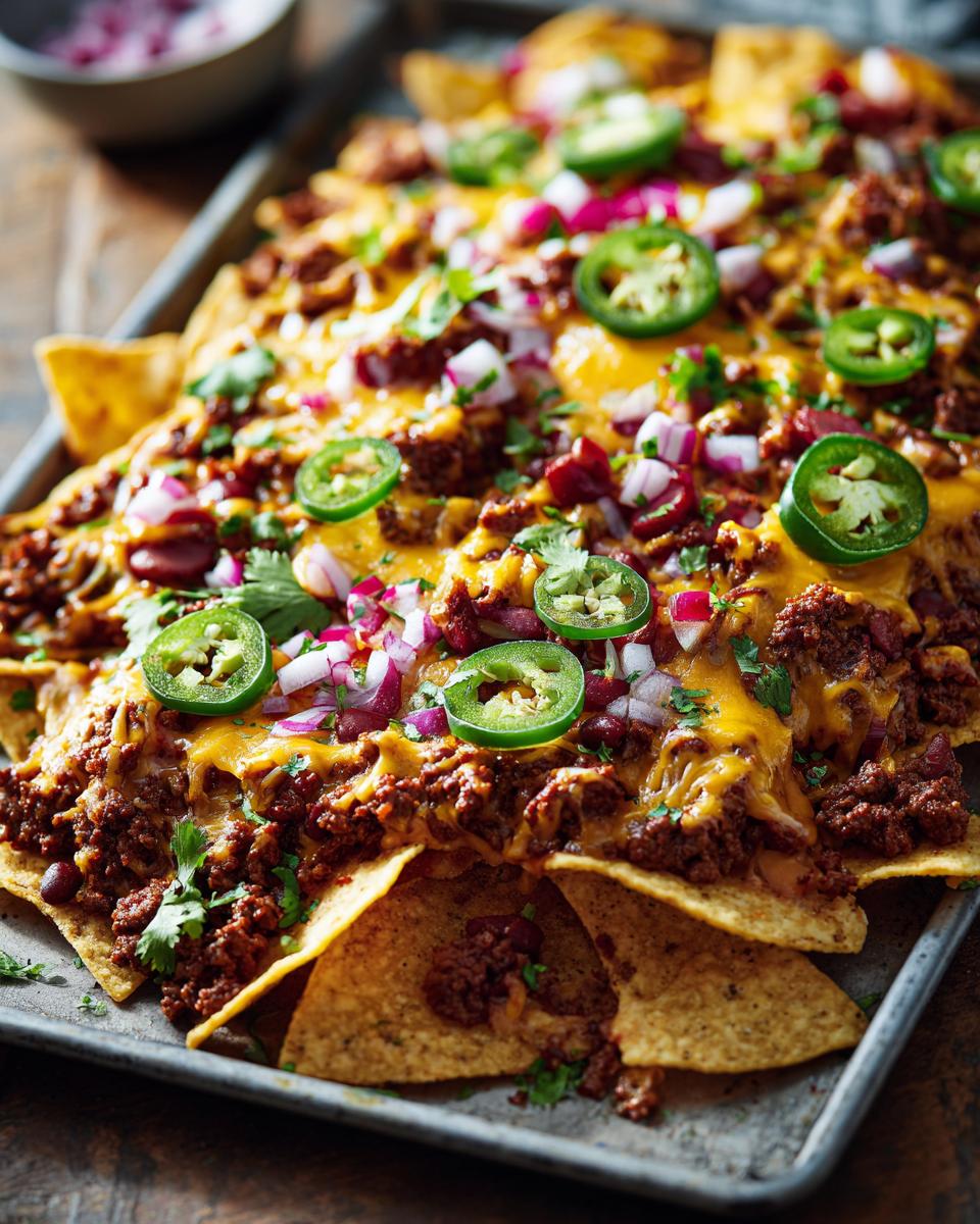 A close-up of a full tray of loaded nachos, topped with seasoned ground beef, melted cheese, jalapeños, and red onions.