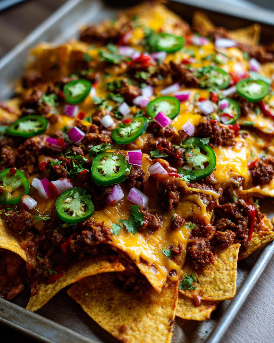 Close-up of loaded nachos topped with melted cheese, seasoned ground beef, jalapeños, and red onion.