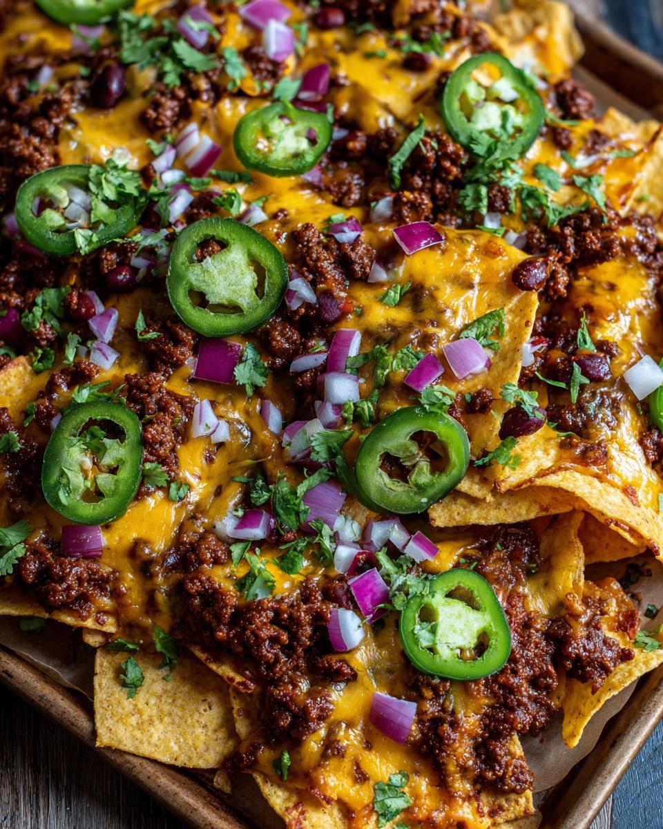 Close-up of a generous serving of loaded nachos topped with melted cheese, seasoned ground beef, jalapenos, red onion, and cilantro.
