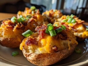 Close-up of loaded potato skins topped with melted cheddar cheese, crispy bacon, and fresh green onions.