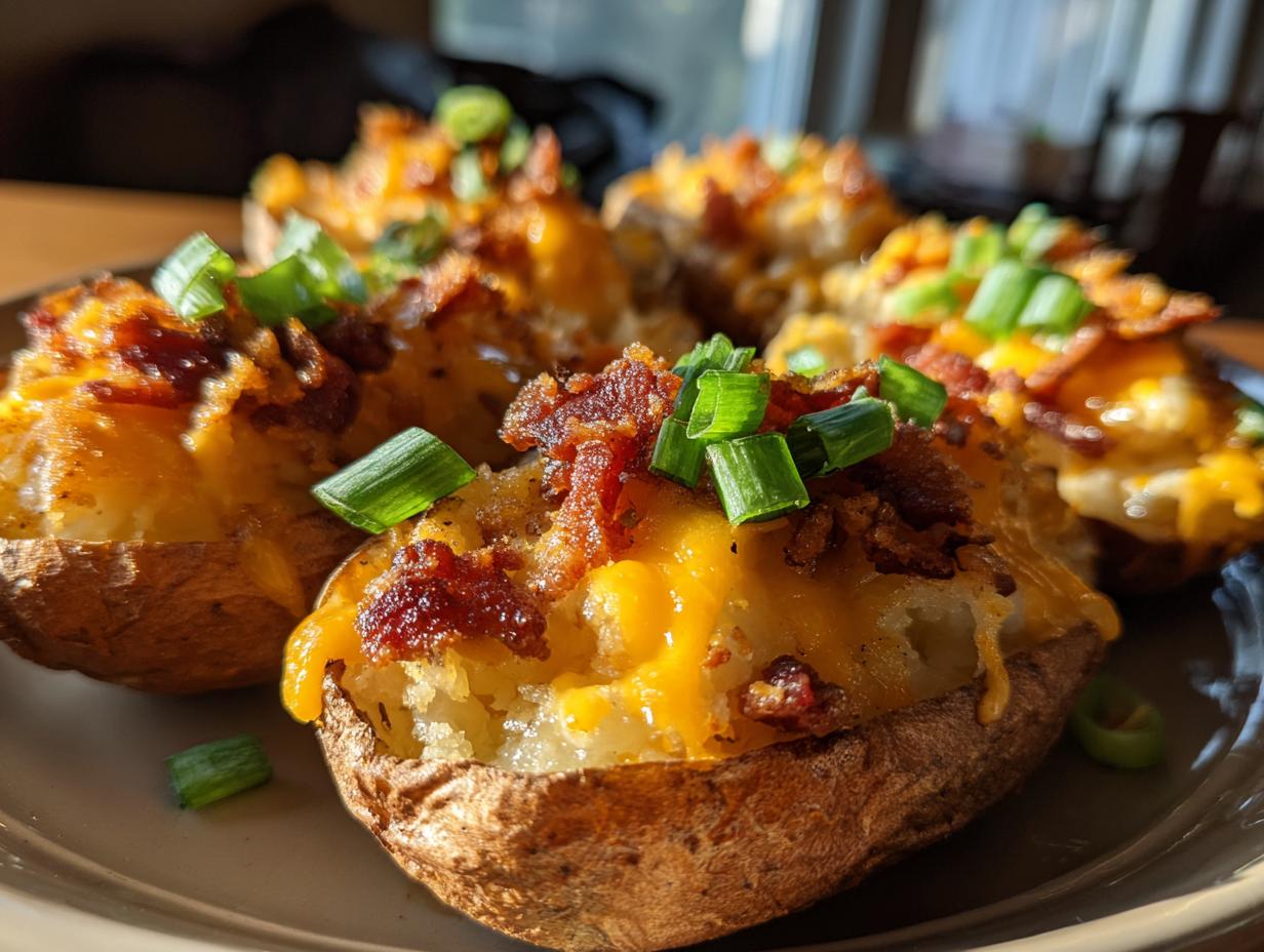 Close-up of loaded potato skins topped with melted cheddar cheese, crispy bacon, and fresh green onions.