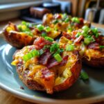 Close-up of loaded potato skins topped with melted cheddar cheese, crispy bacon, and fresh green onions.