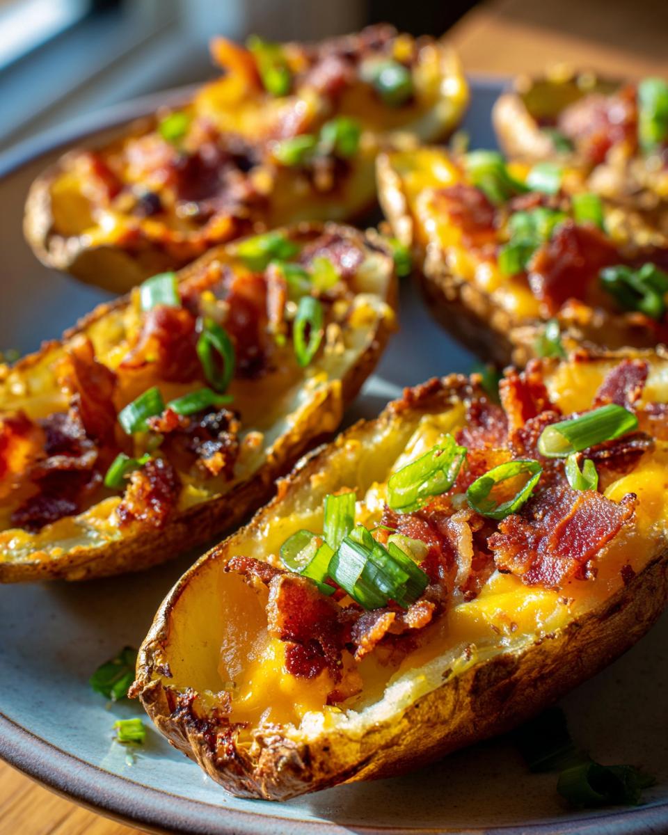 Close-up of crispy Loaded Potato Skins topped with melted cheddar cheese, crumbled bacon, and fresh green onions.
