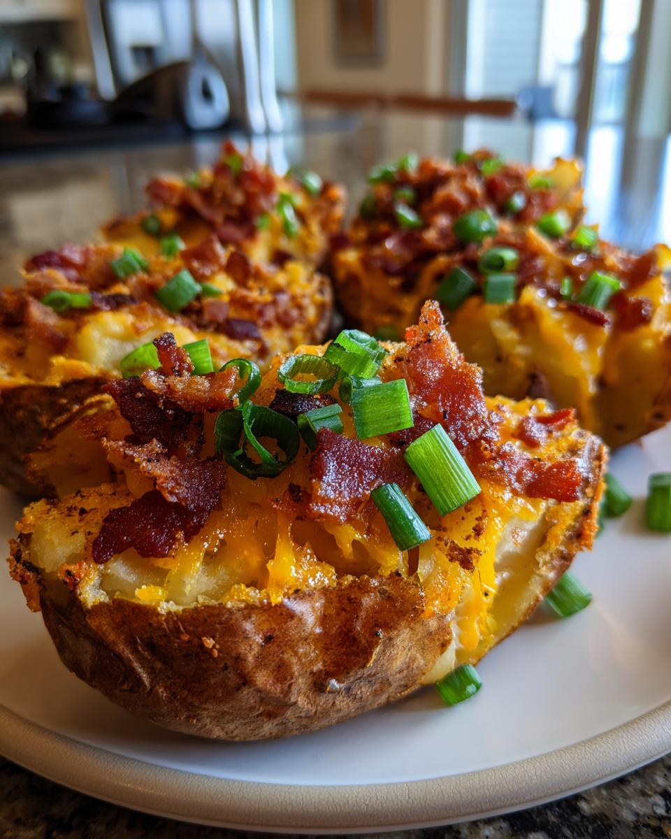 Close-up of delicious loaded potato skins topped with melted cheddar cheese, crispy bacon bits, and fresh green onions.