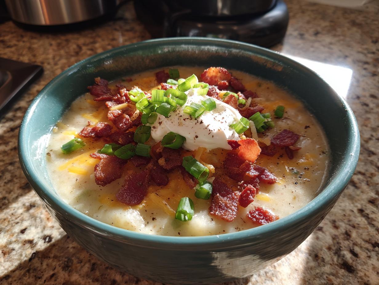 A close-up of a bowl of loaded potato soup topped with bacon, cheese, sour cream, and chives.