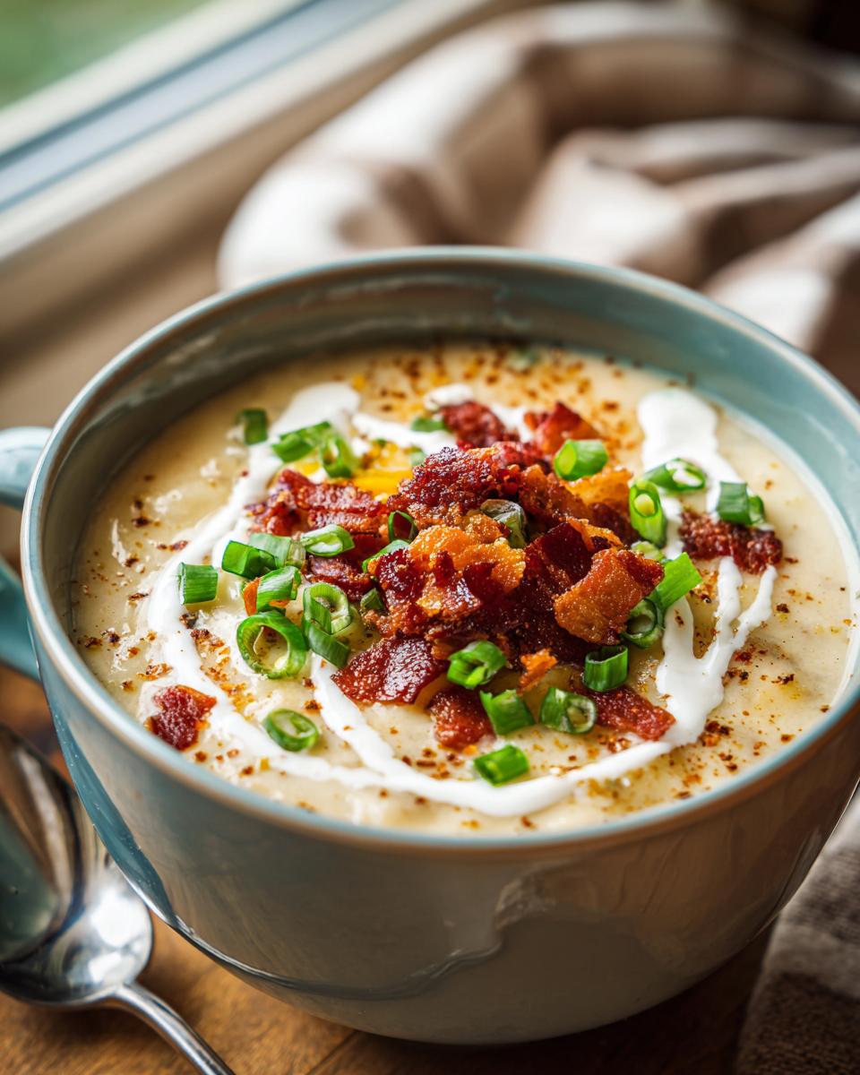 A close-up of a bowl of loaded potato soup topped with crispy bacon, fresh green onions, and a swirl of sour cream.
