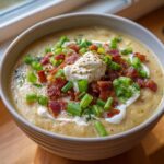 A close-up of a bowl of Loaded Potato Soup topped with crispy bacon, sour cream, and fresh green onions.