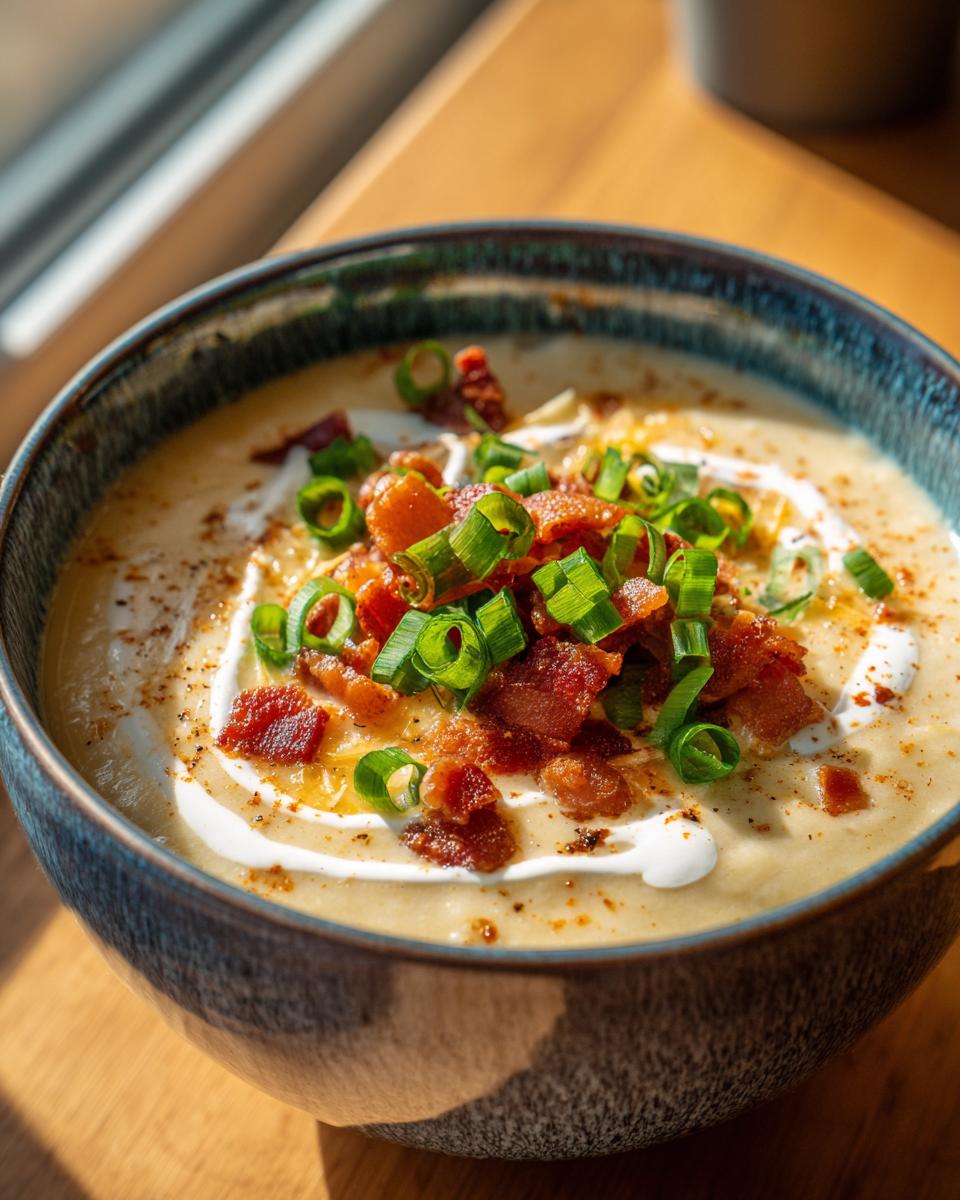 A close-up of a bowl of creamy loaded potato soup, garnished with crispy bacon bits, chopped green onions, and a swirl of sour cream.