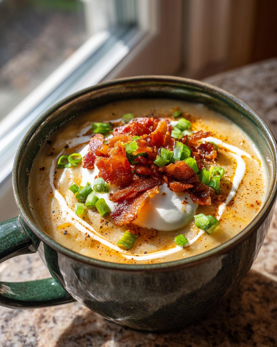 A close-up of a steaming bowl of Loaded Potato Soup, topped with sour cream, crispy bacon, and fresh green onions.