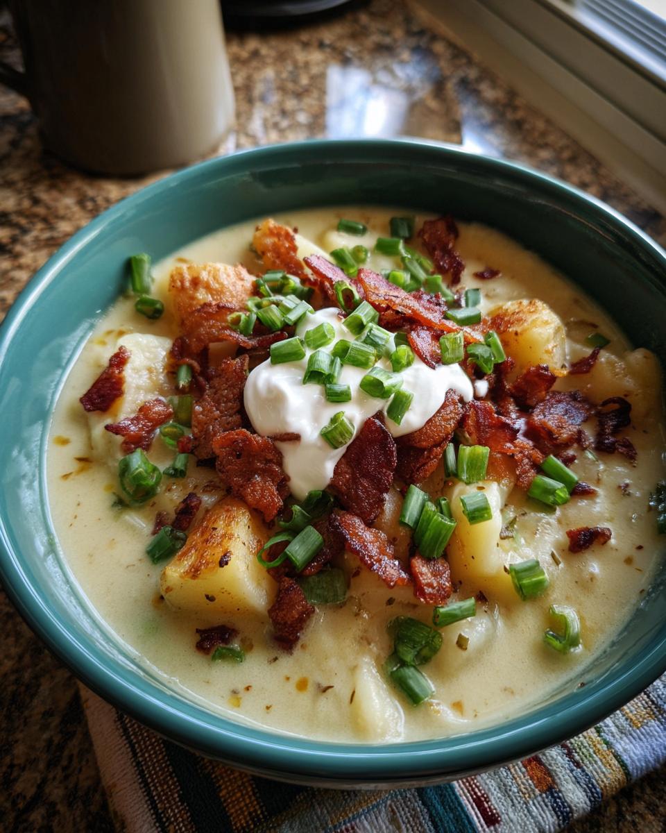 A close-up of a bowl of Loaded Potato Soup topped with bacon, sour cream, and chives.