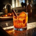 A close-up of a Maple Bourbon Cocktail in a rocks glass, garnished with an orange slice, orange peel, and a cinnamon stick, filled with ice.