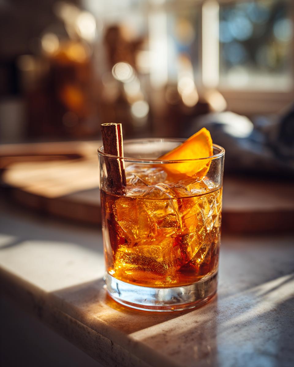 A close-up of a Maple Bourbon Cocktail in a rocks glass, filled with ice, garnished with an orange slice and a cinnamon stick.
