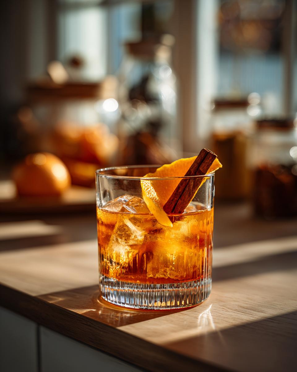 A refreshing Maple Bourbon Cocktail served over ice, garnished with an orange peel and a cinnamon stick.
