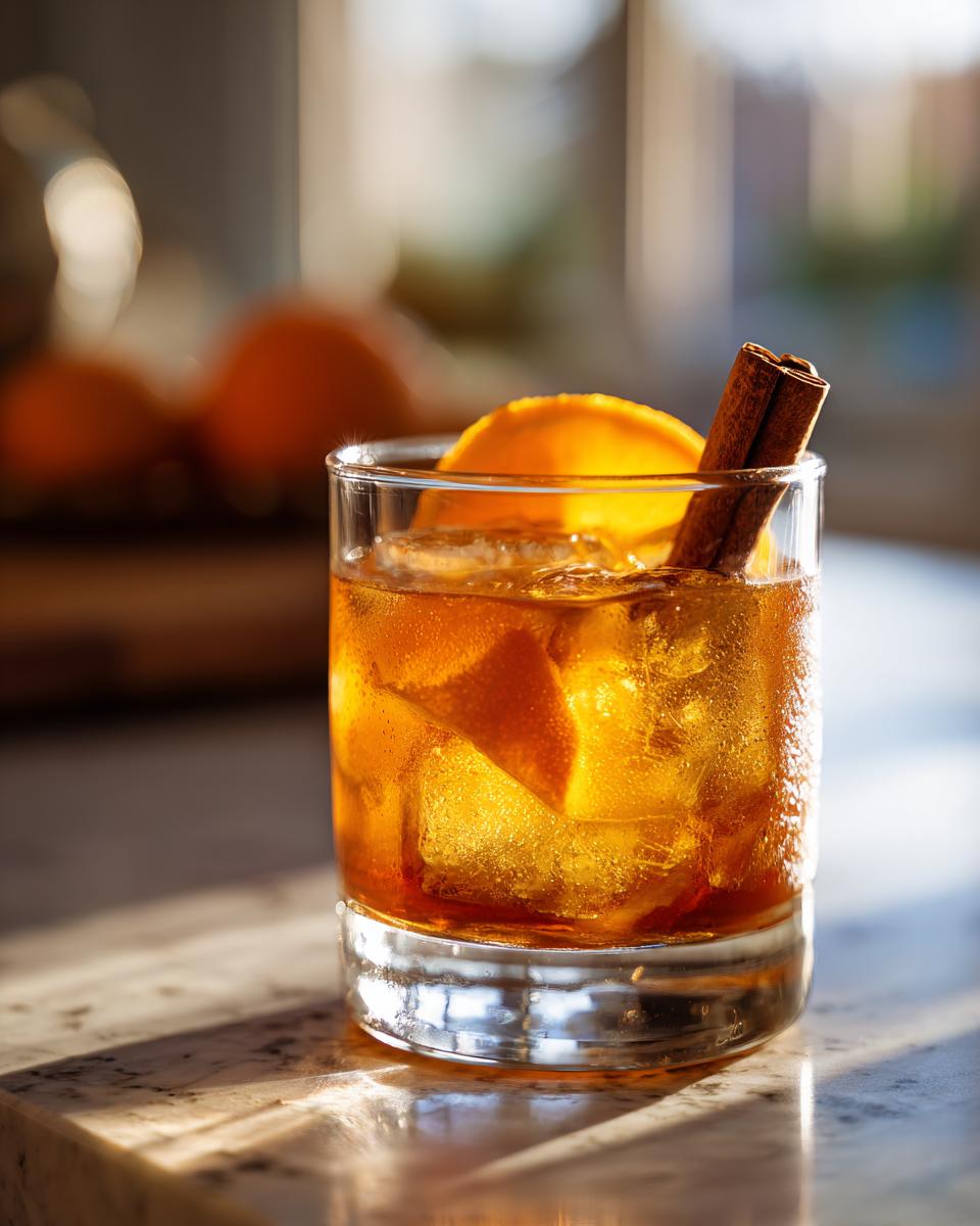 A close-up of a Maple Bourbon Cocktail in a glass with ice, garnished with an orange slice and a cinnamon stick.