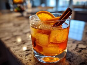 A close-up of a refreshing Maple Bourbon Cocktail with ice, an orange slice, and cinnamon sticks.