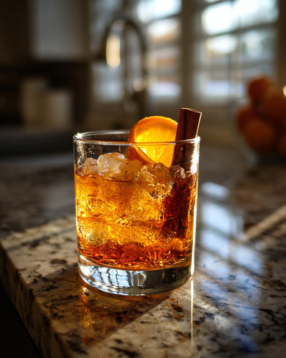 A glass of Maple Bourbon Cocktail filled with ice, garnished with an orange slice and a cinnamon stick.