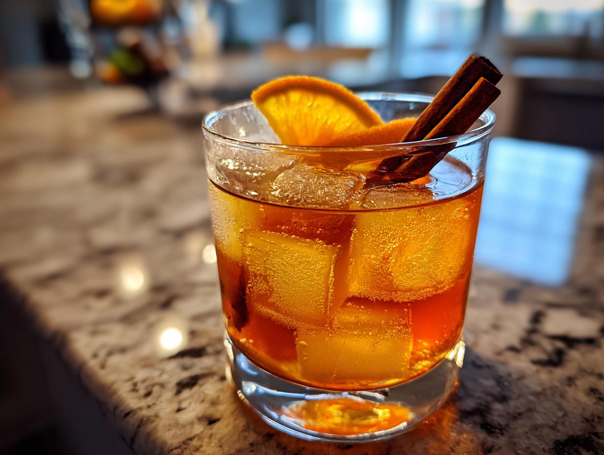 A close-up of a refreshing Maple Bourbon Cocktail with ice, an orange slice, and cinnamon sticks.