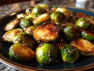 Close-up of glistening Maple-Glazed Brussels Sprouts on a dark plate, showcasing their caramelized edges.