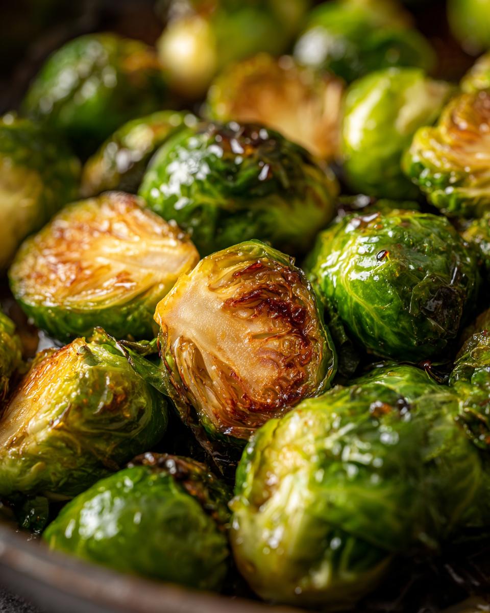 Close-up of perfectly roasted Maple-Glazed Brussels Sprouts, showing caramelized edges and a glossy sheen.