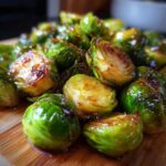 Close-up of roasted Maple-Glazed Brussels Sprouts glistening with sauce on a wooden board.