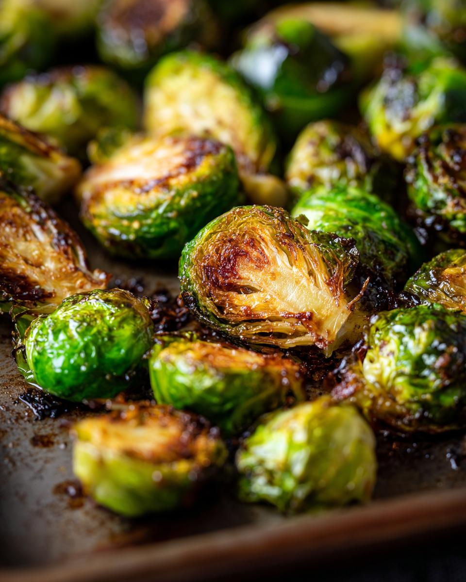 Close-up of roasted Maple-Glazed Brussels Sprouts on a baking sheet, caramelized and slightly charred.