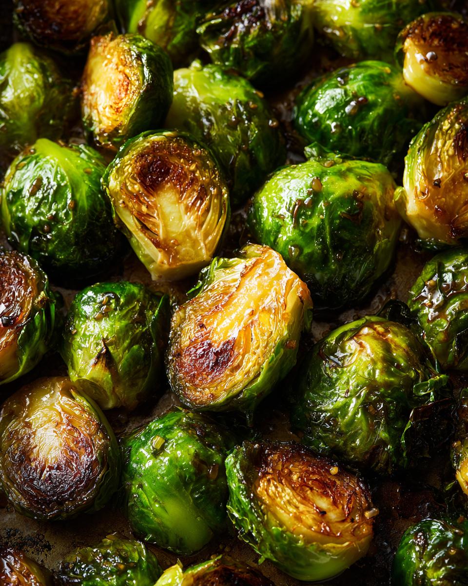 Close-up of perfectly roasted Maple-Glazed Brussels Sprouts, showing their caramelized edges and glossy coating.