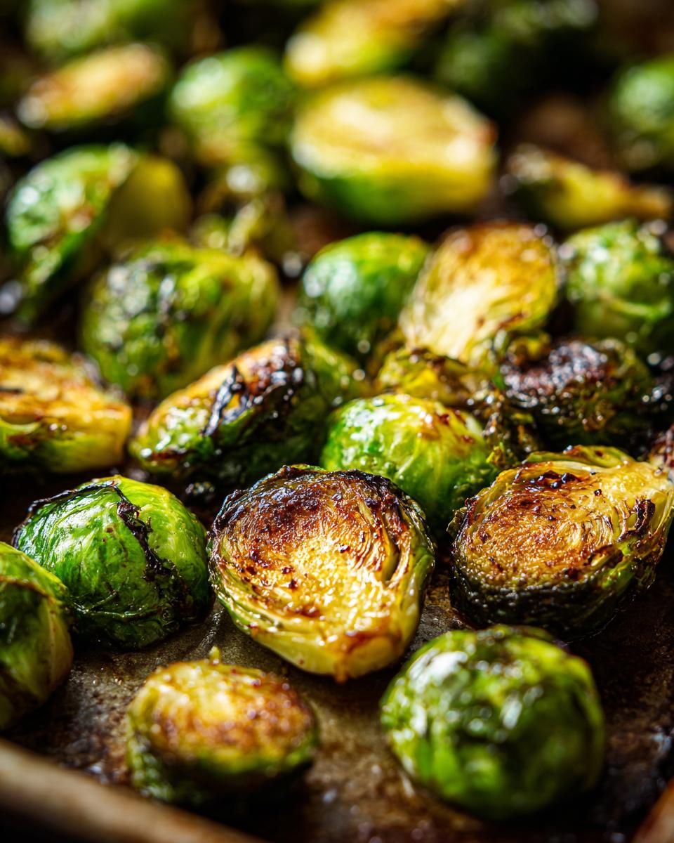 Close-up of perfectly roasted Maple-Glazed Brussels Sprouts with caramelized edges and vibrant green leaves.