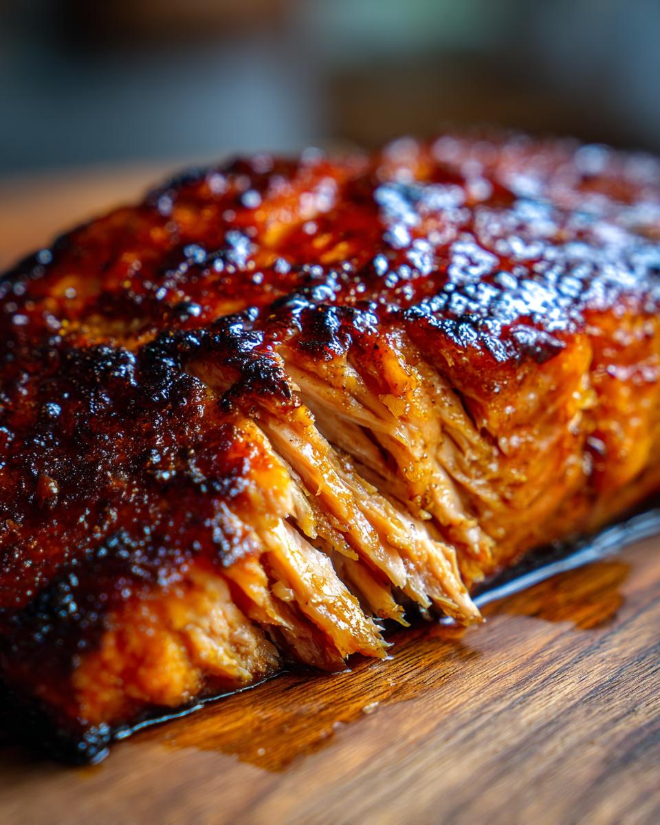 A close-up, detailed shot of flaky Maple Glazed Salmon with a glistening, caramelized glaze.