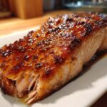 Close-up of a perfectly cooked Maple Glazed Salmon fillet with a shiny, caramelized glaze.
