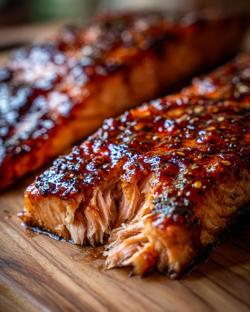 Close-up of a flaky Maple Glazed Salmon fillet on a wooden board, showing the glistening glaze and moist texture.