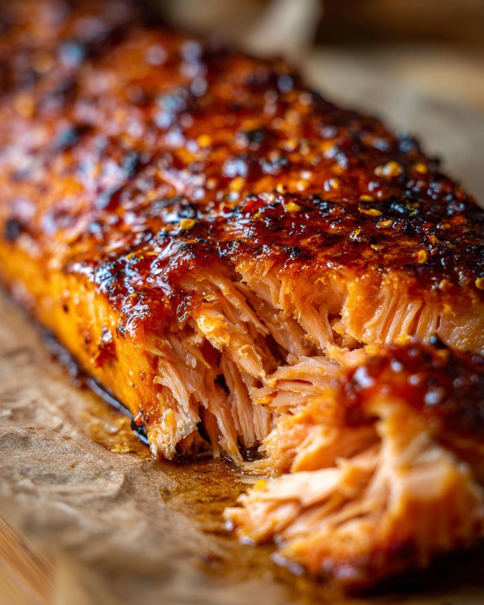Close-up of a flaky Maple Glazed Salmon fillet with a glossy, caramelized glaze and visible spices.