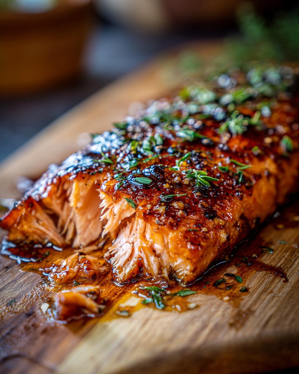 Close-up of a flaky Maple Glazed Salmon fillet on a wooden board, glistening with glaze and herbs.