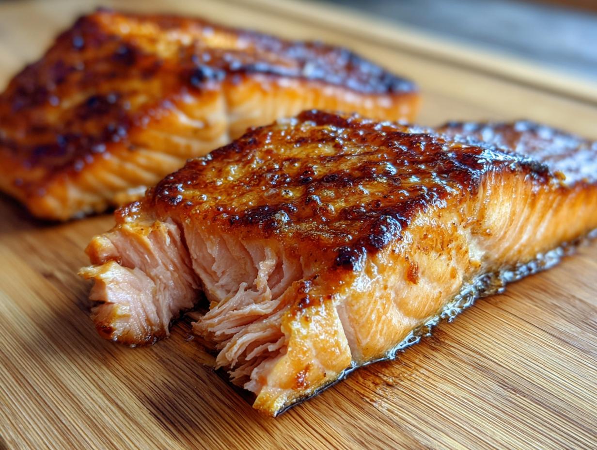 Close-up of a perfectly cooked maple glazed salmon fillet with a glistening, caramelized top.