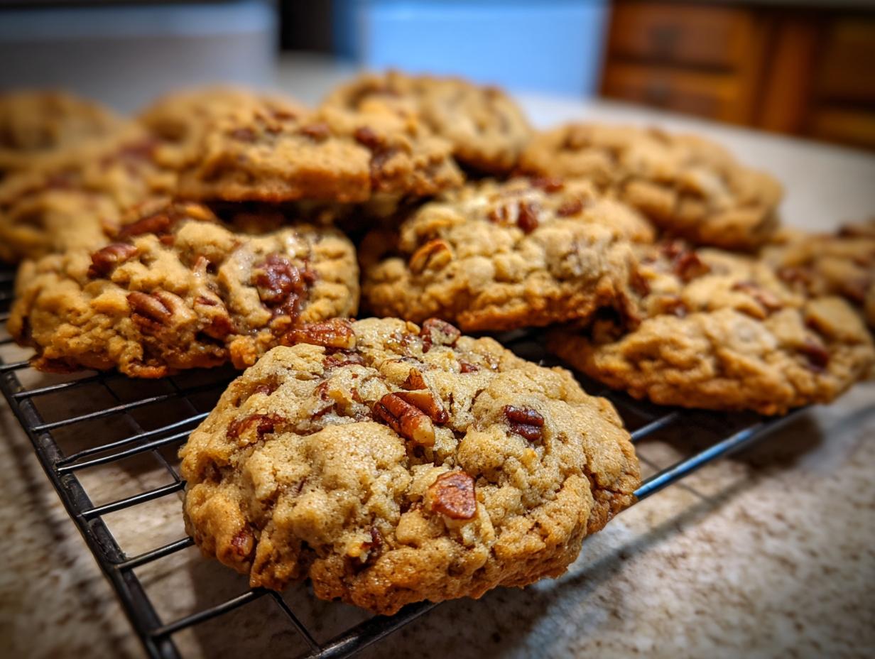 Close-up of freshly baked Maple Pecan Cookies piled on a wire cooling rack, showcasing chunks of pecans.