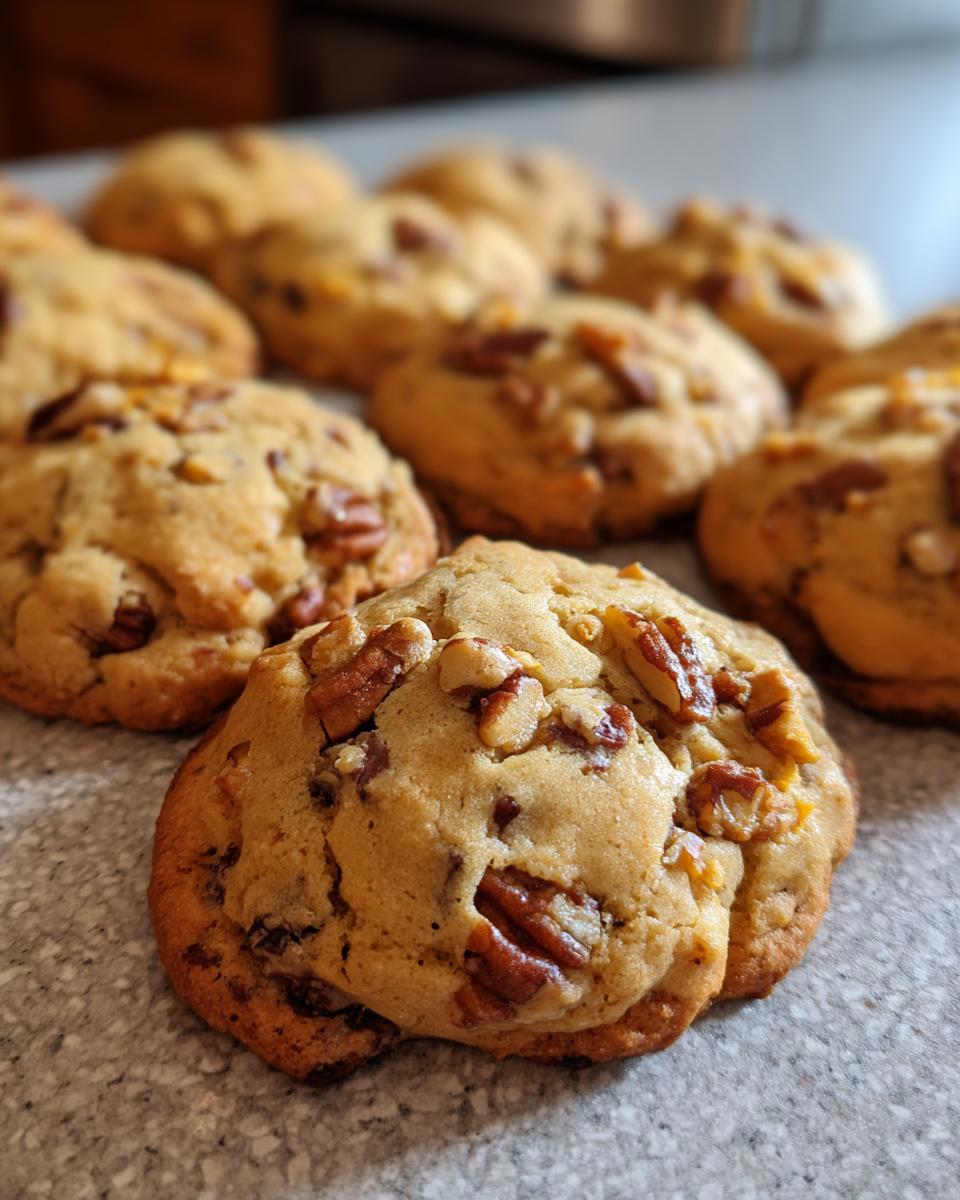 Close-up of freshly baked Maple Pecan Cookies studded with generous pieces of pecans.