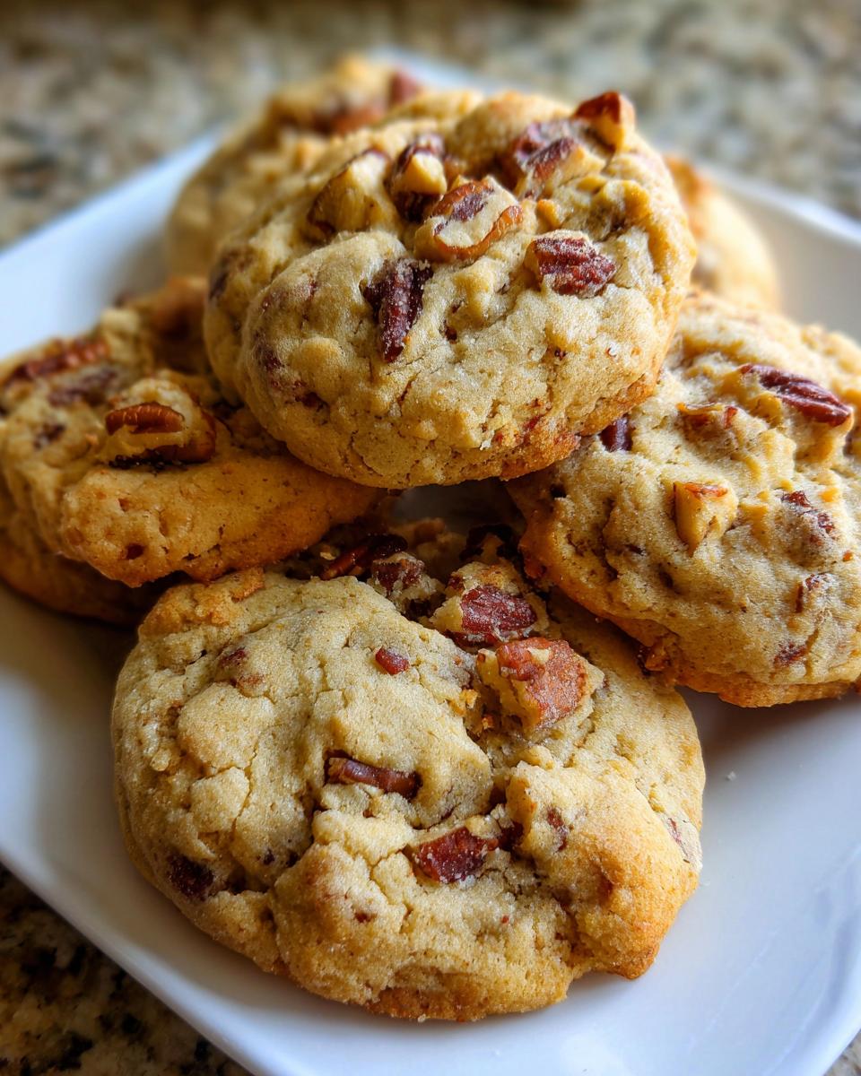 Close-up of a stack of warm Maple Pecan Cookies loaded with chopped pecans.