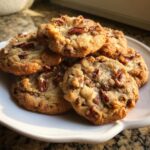 A close-up of a stack of warm Maple Pecan Cookies, generously studded with chopped pecans.