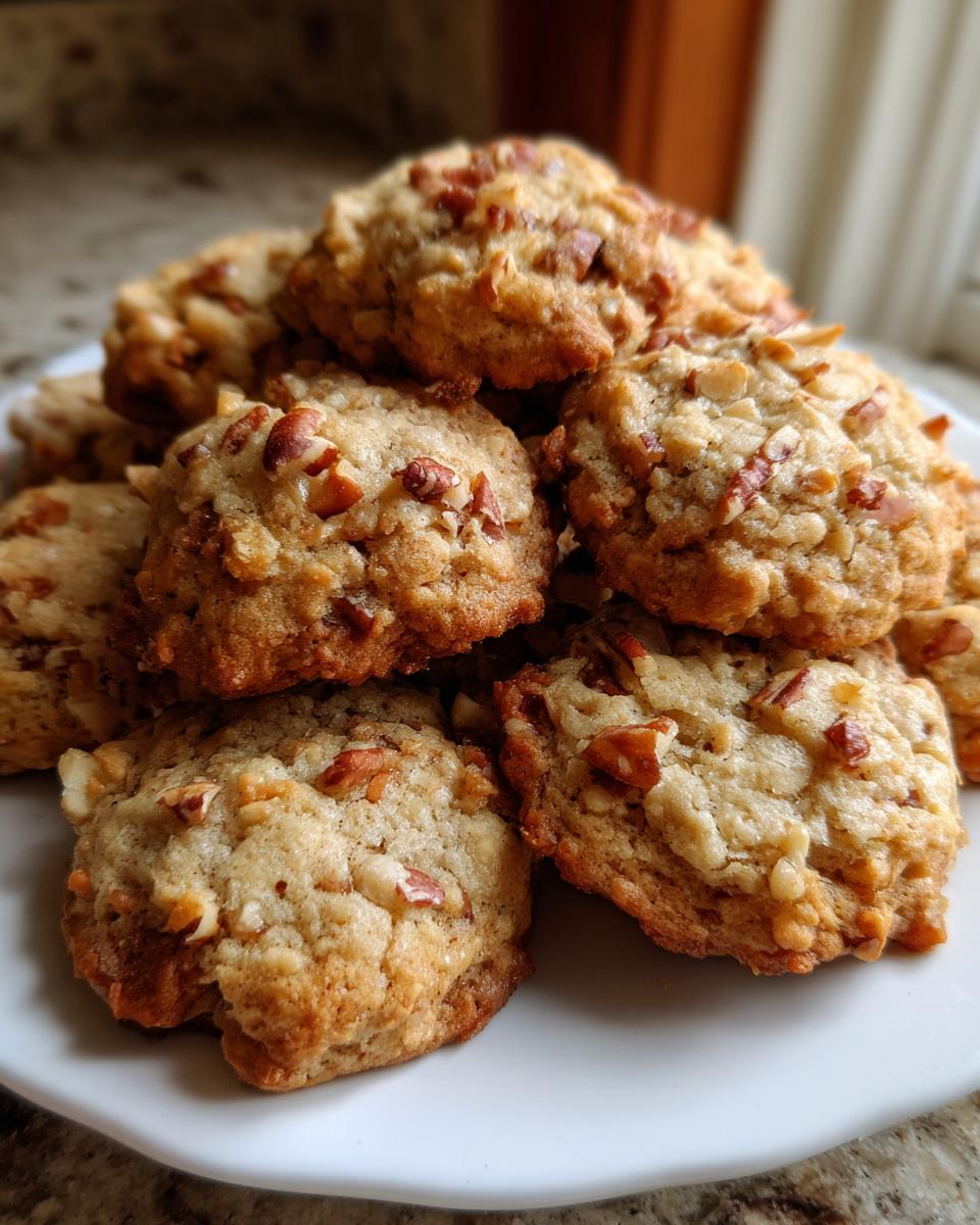 A close-up of a stack of warm Maple Pecan Cookies, generously studded with chopped pecans.